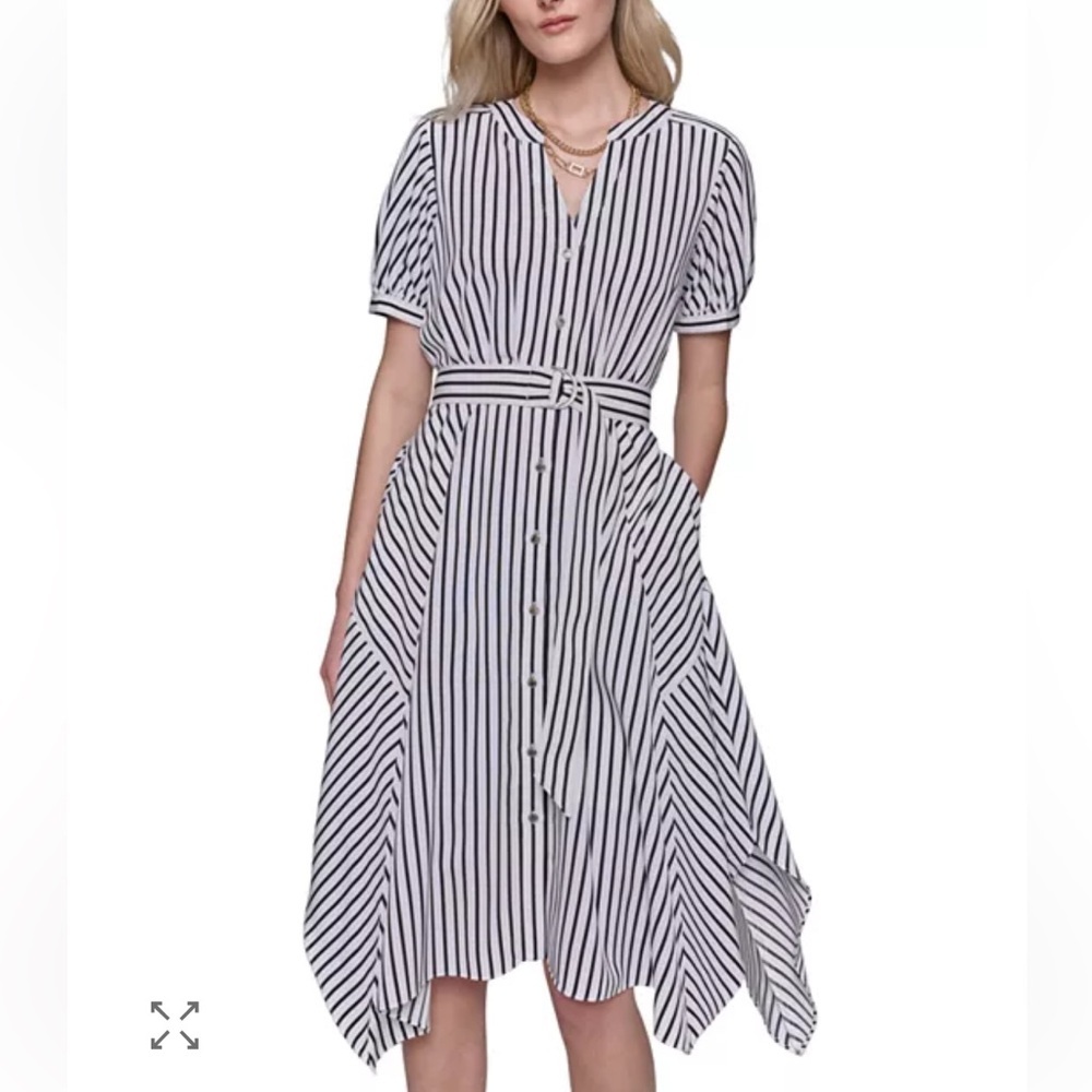 KARL LAGERFELD PARIS Midi Shirt Dress Black White Striped Belt Short Sleeve 6